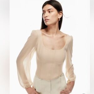 Aritzia WILFRED Grace Long Sleeve Blouse Top in Light Beige Size S FLAW